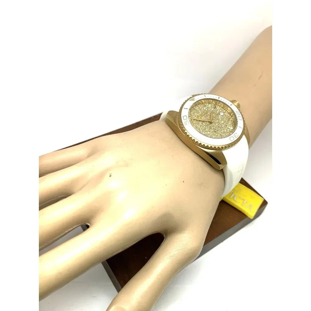 Invicta Women's Watch 22703 Angel Round Analog Date Gold Tone White Rubber Strap